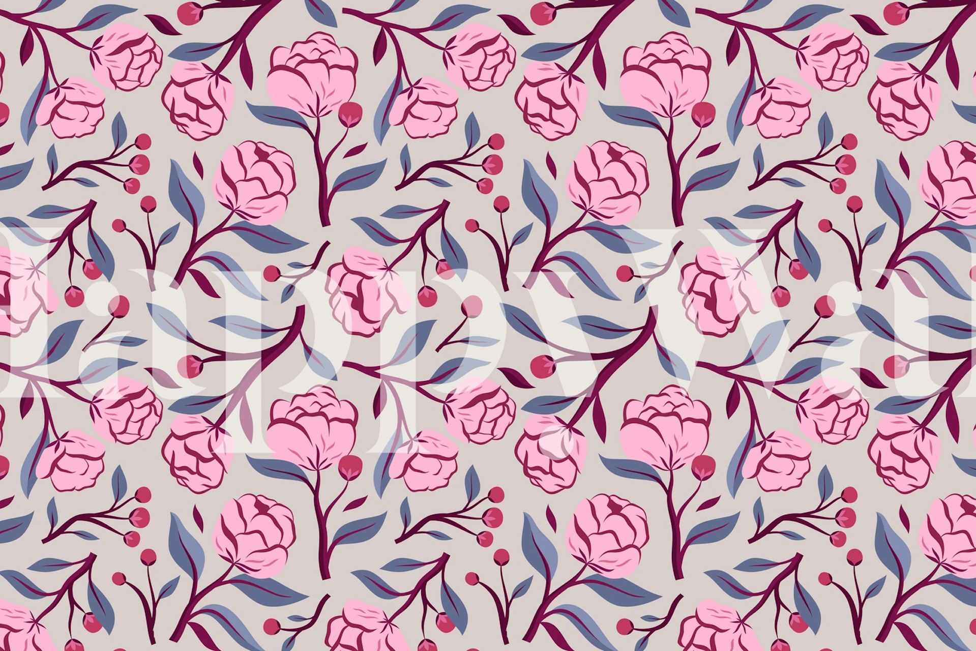 Pink peony flowers and branches on grey background wallpaper
