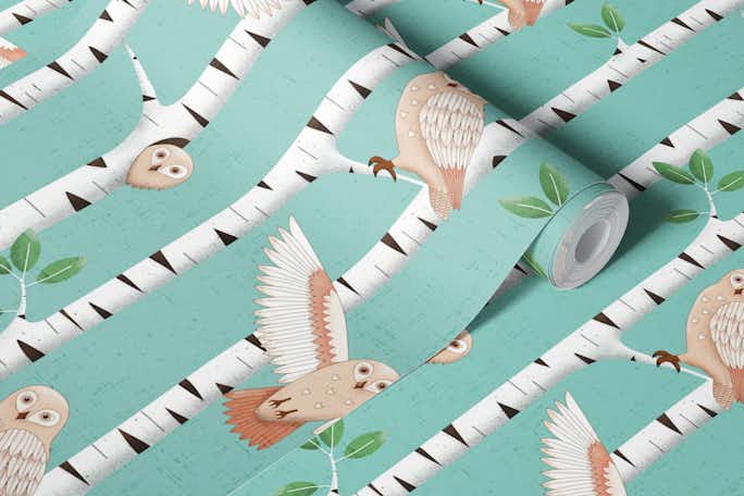 Birch forest with owls on a Spring morningwallpaper roll