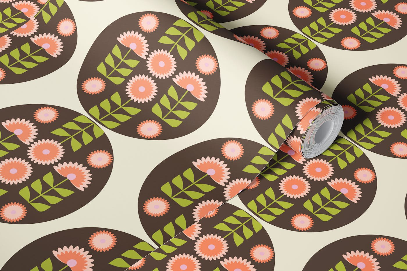 Retro 70s Funky florals in circles wallpaper roll