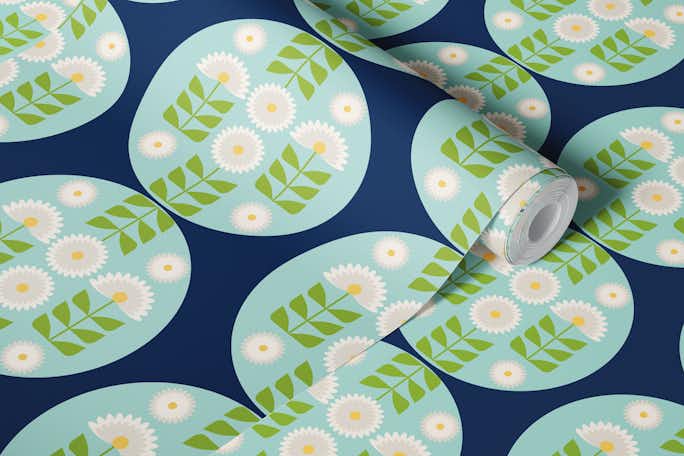 Retro 70s Funky florals in bluewallpaper roll