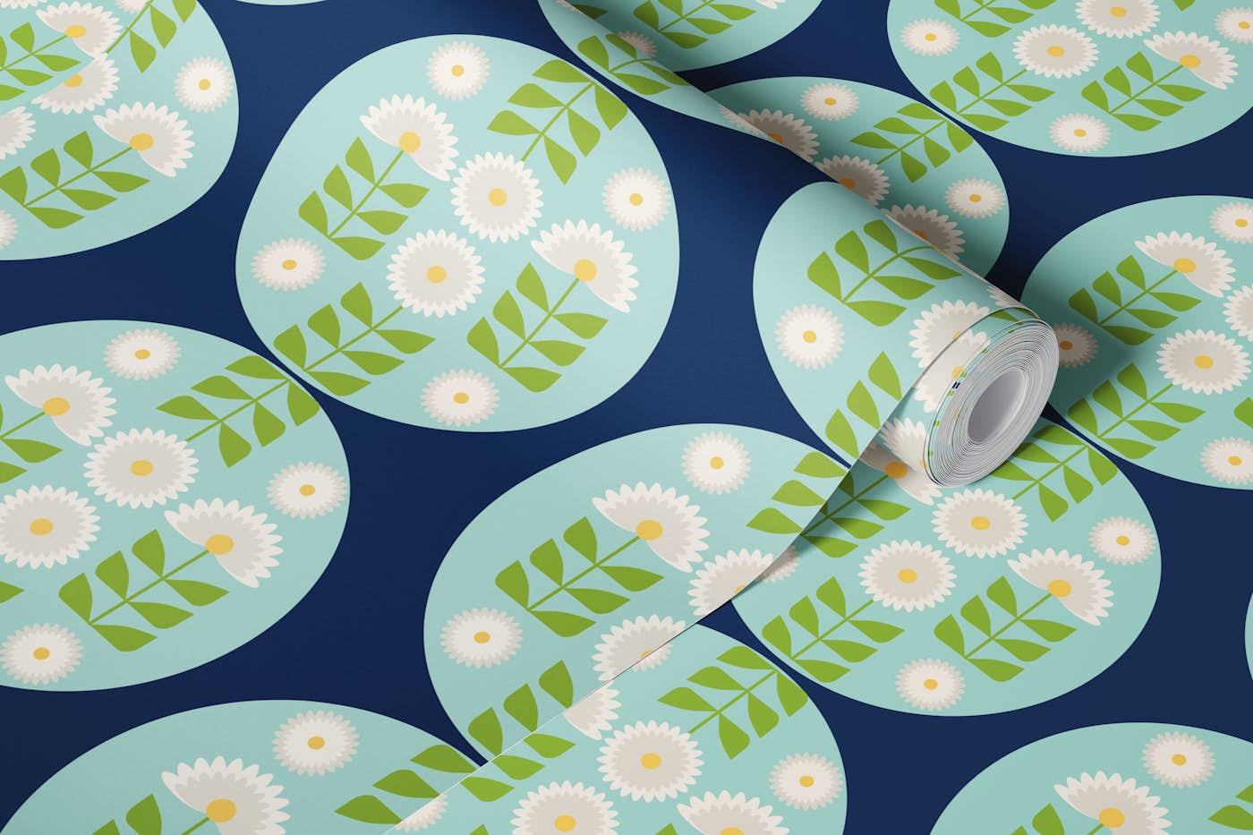 Retro 70s Funky florals in blue wallpaper roll