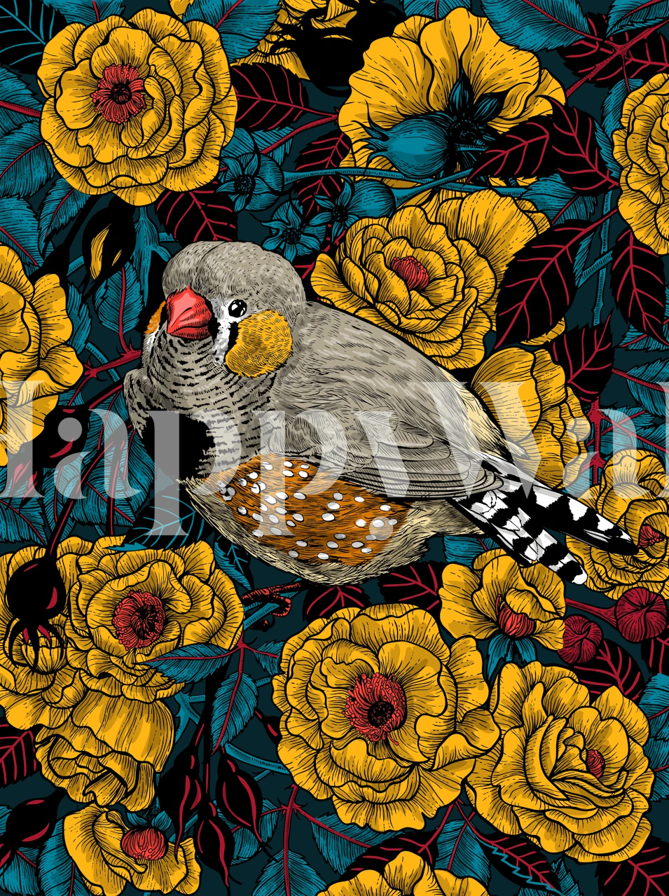 Zebra finch surrounded by vibrant yellow flowers and green leaves wallpaper