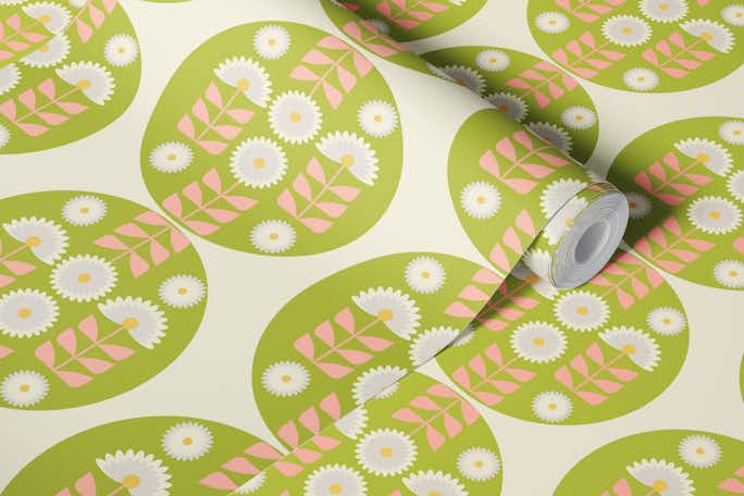 Retro 70s Funky florals in vintage greenwallpaper roll