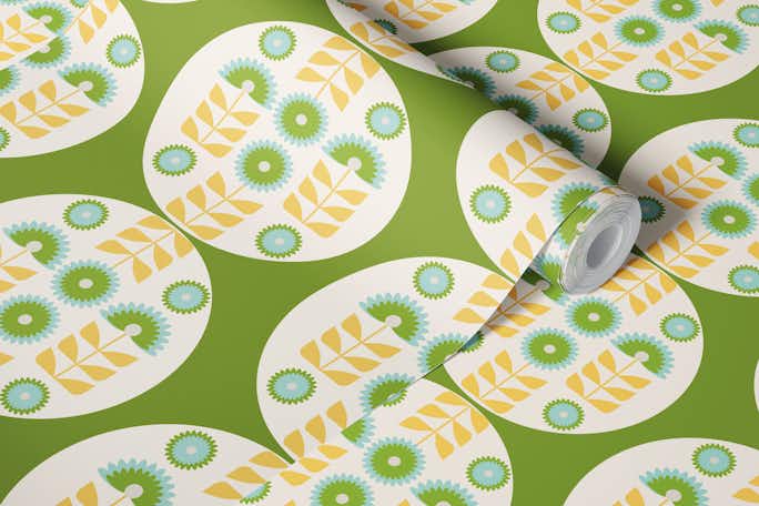Retro 70s Funky florals in greenwallpaper roll