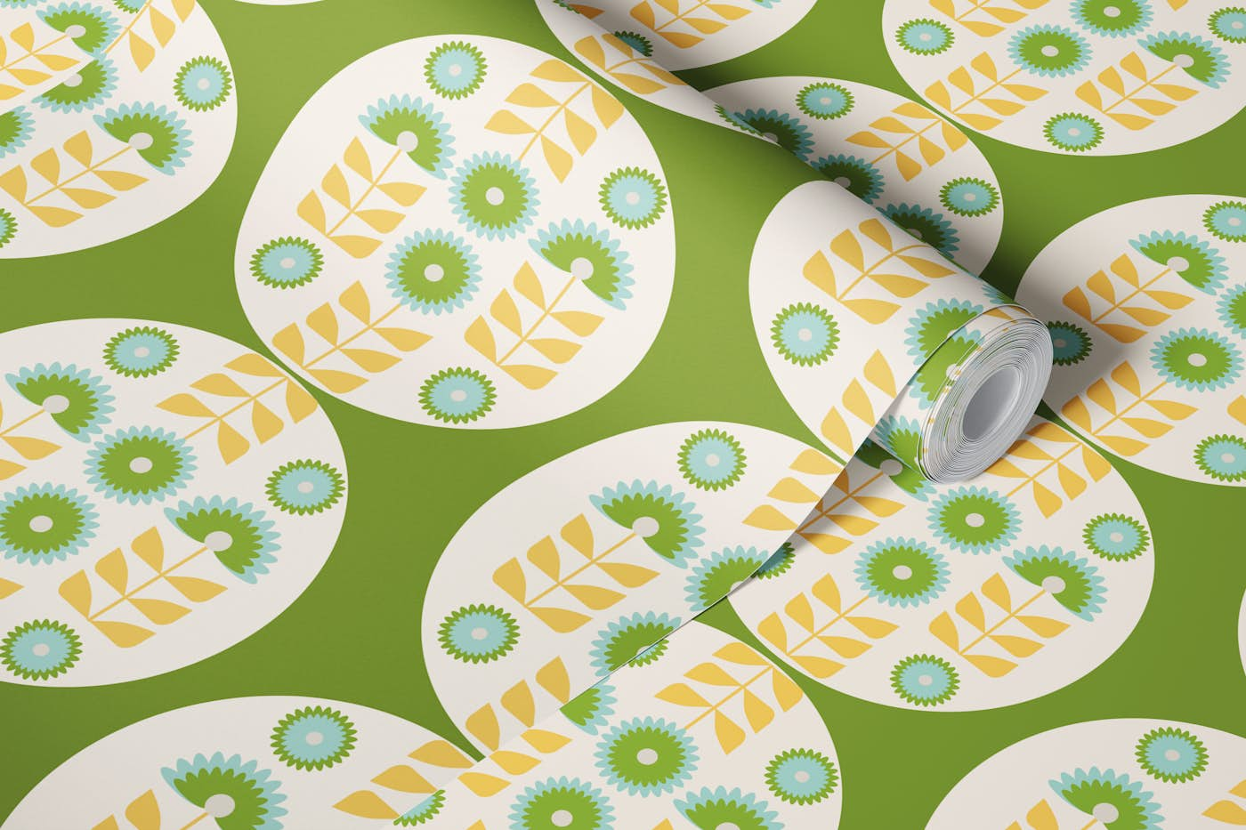 Retro 70s Funky florals in green wallpaper roll