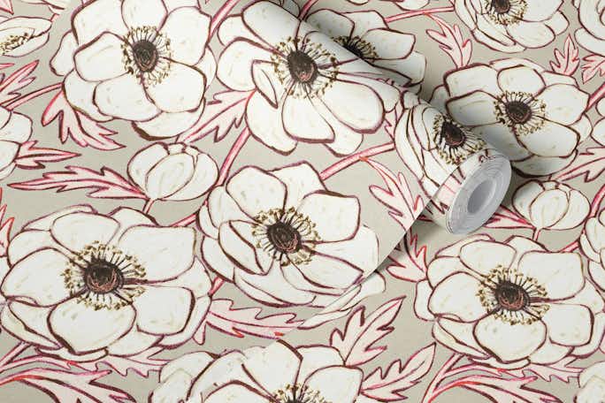 Chalk Anemones in Soft Neutrals and Pinkwallpaper roll