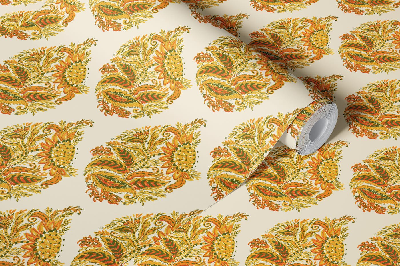 Sunflower paisley (SMALL SCALE) wallpaper roll