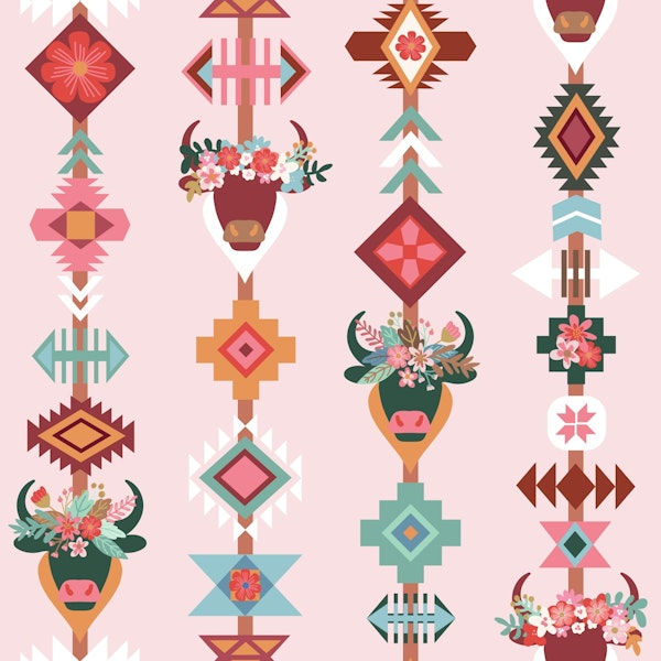 Bulls With Flower Crowns Aztec Tribal Lines