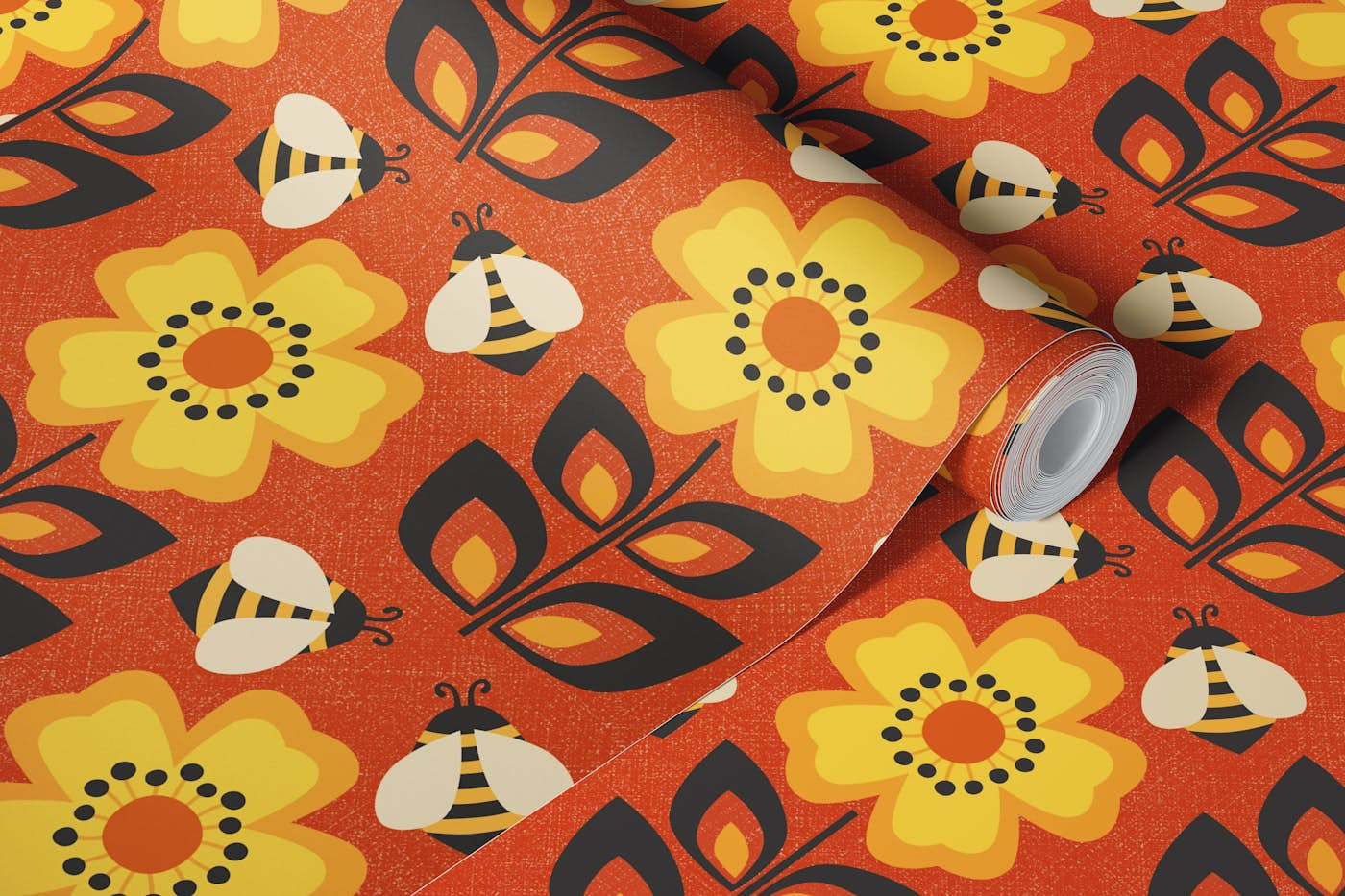 retro buttercups and bees - orange, brown wallpaper roll