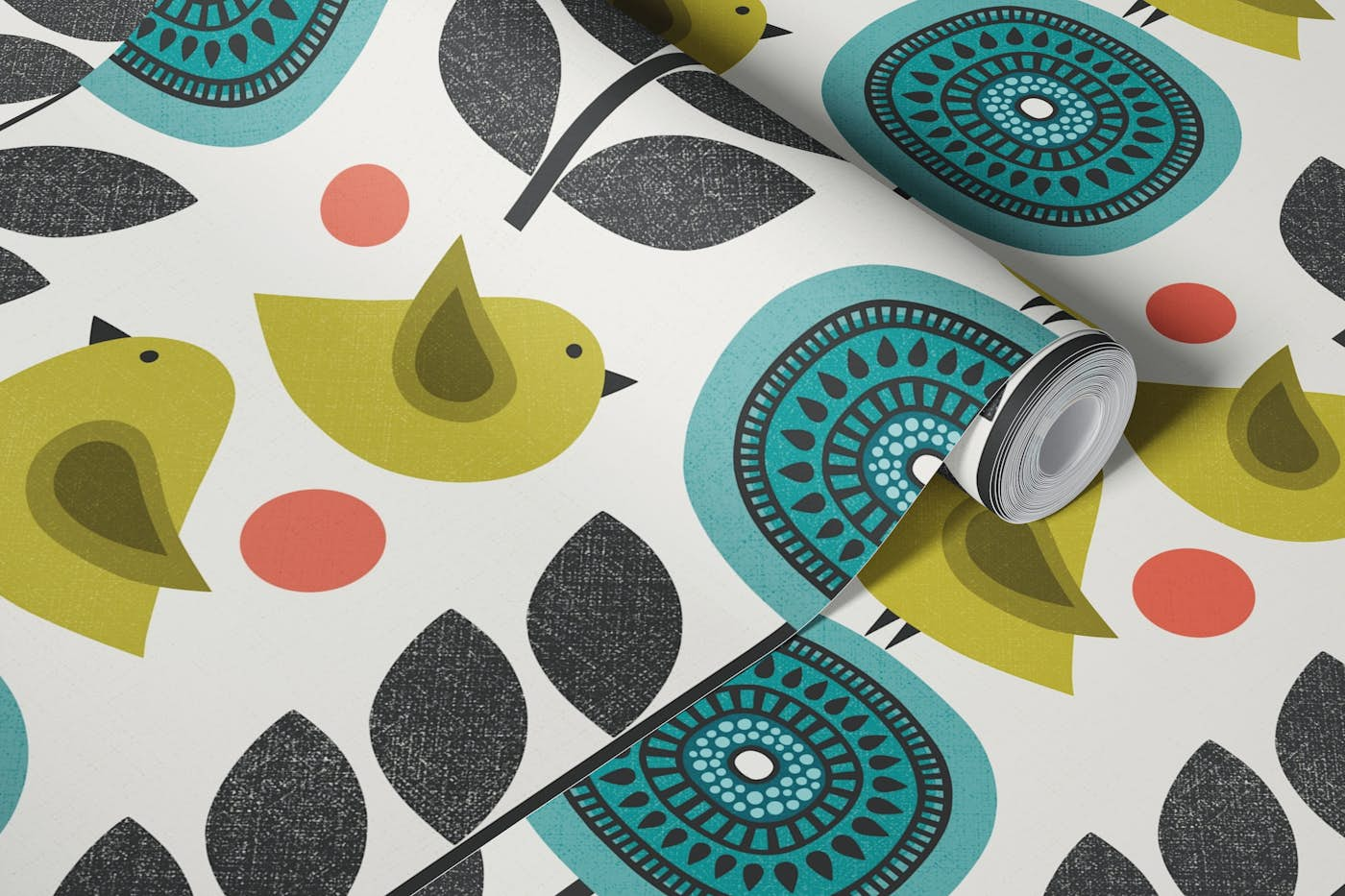 retro flowers and birds - teal, green wallpaper roll