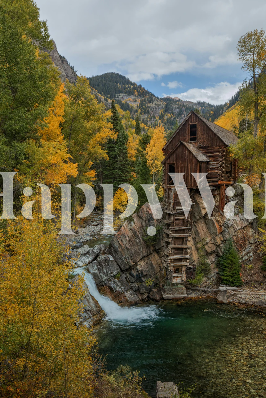 Rustic autumn wallpaper with mountain and wooden mill