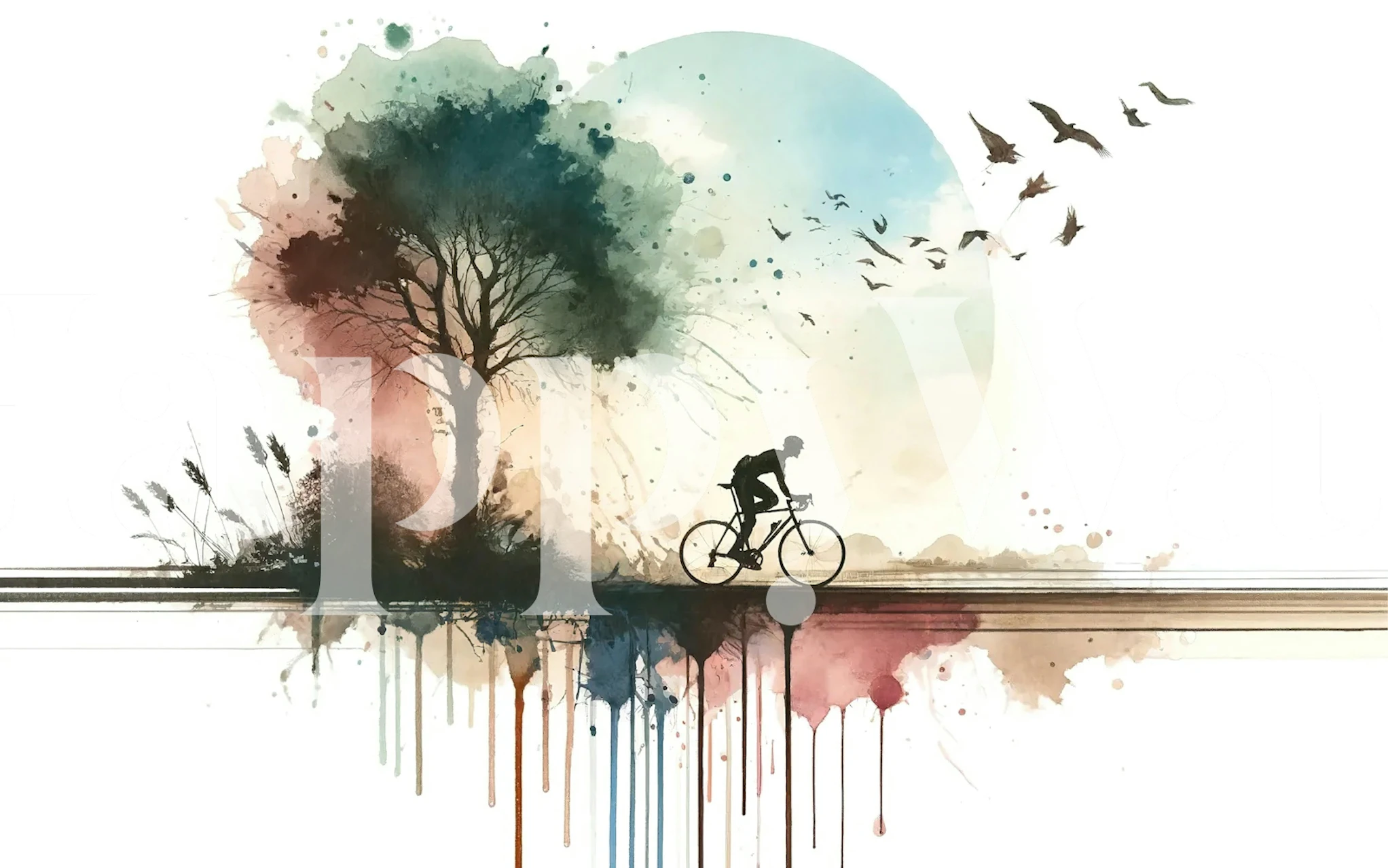 Watercolor cycling scene with pastel colors and tree wallpaper