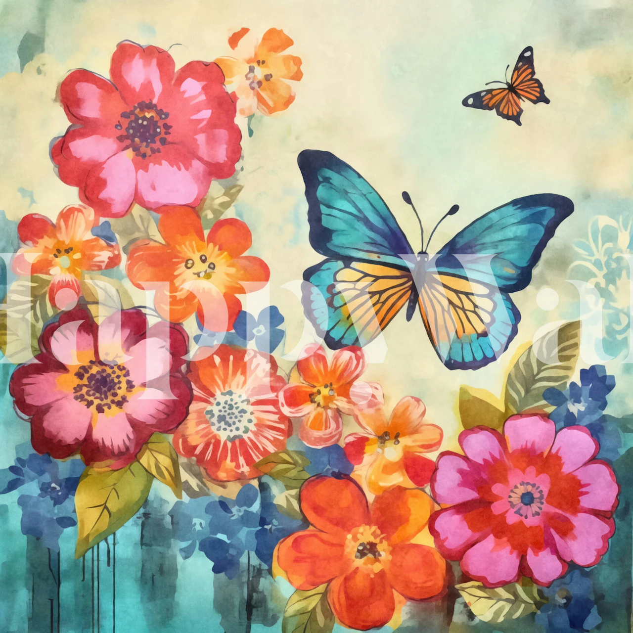 multicolor flowers and butterfly on blue backdrop wallpaper
