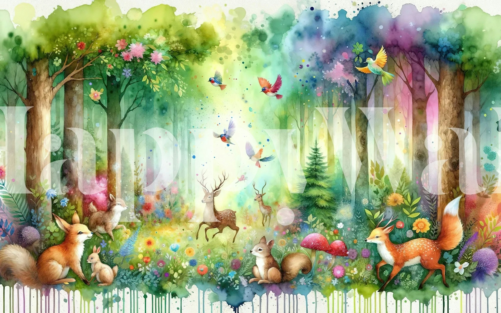 Magical forest wallpaper design in a room