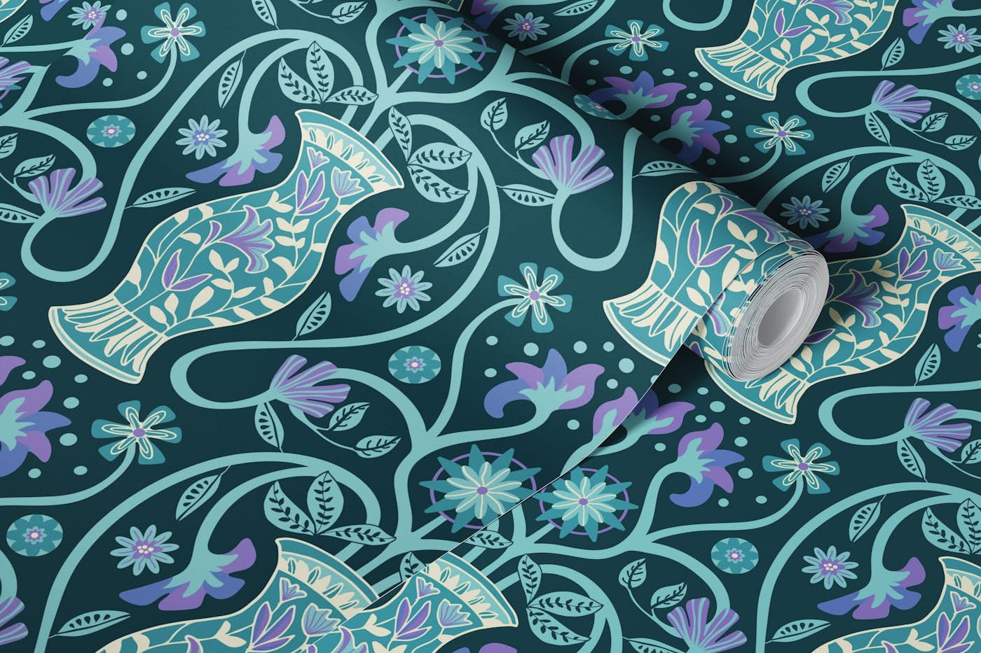 HELLENA Mediterranean Greek Vase Floral Aqua wallpaper roll