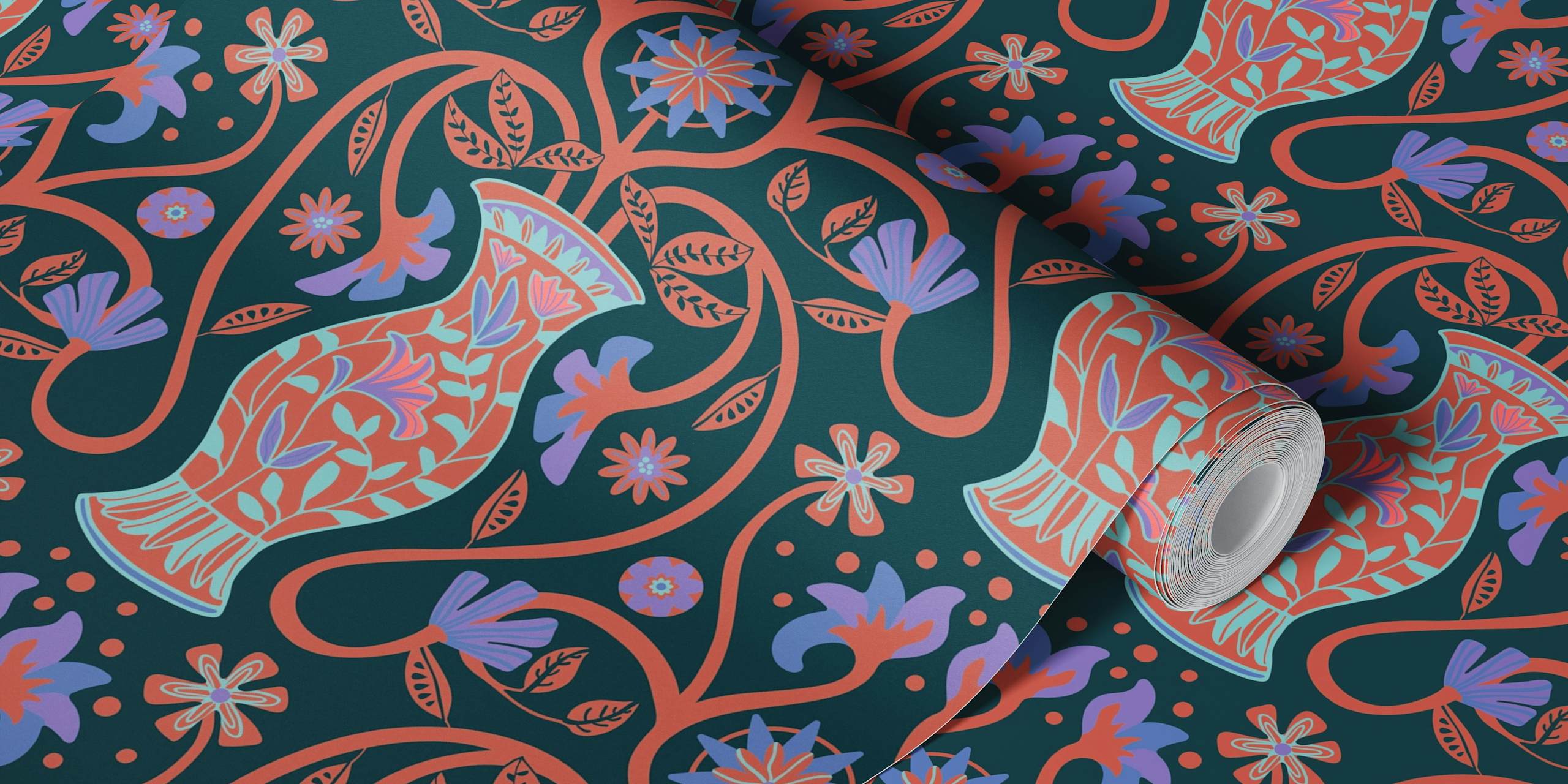 Mediterranean floral terracotta design with vases and flowers wallpaper