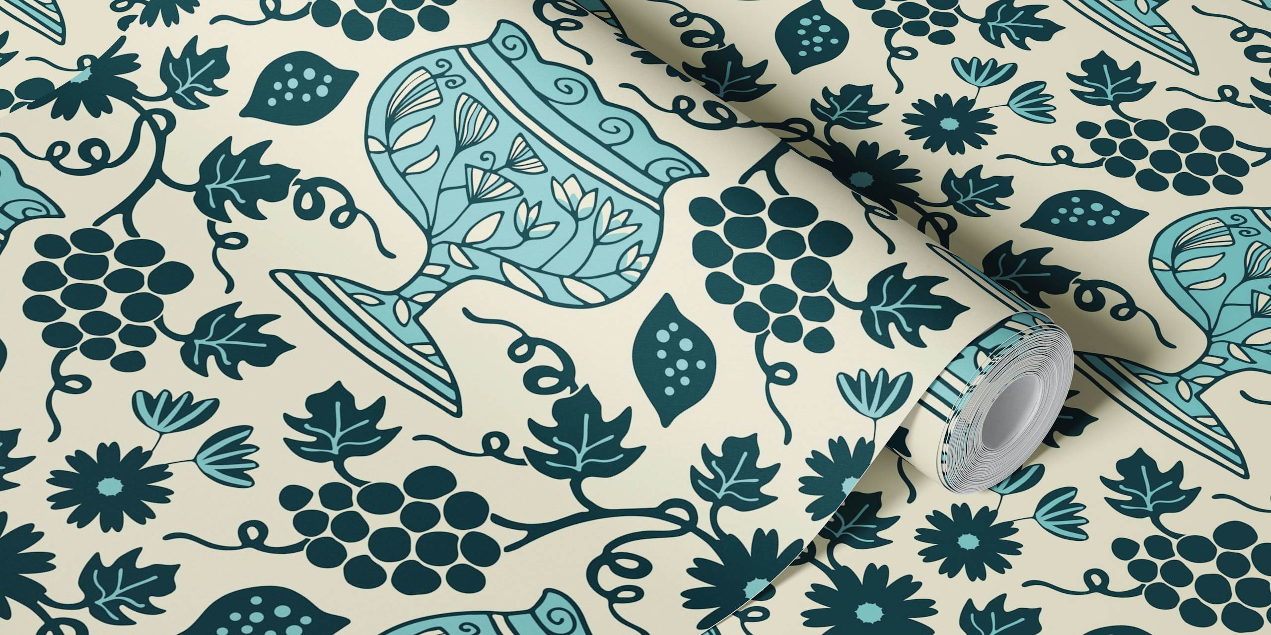 Aqua Greek floral wallpaper with lemons, grapes, and floral motifs