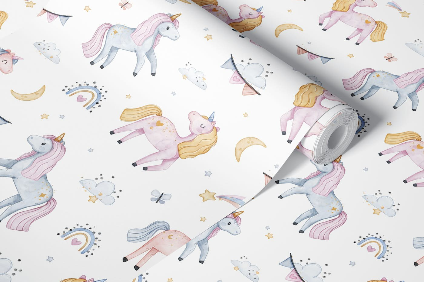 Enchanted Unicorns - white wallpaper roll