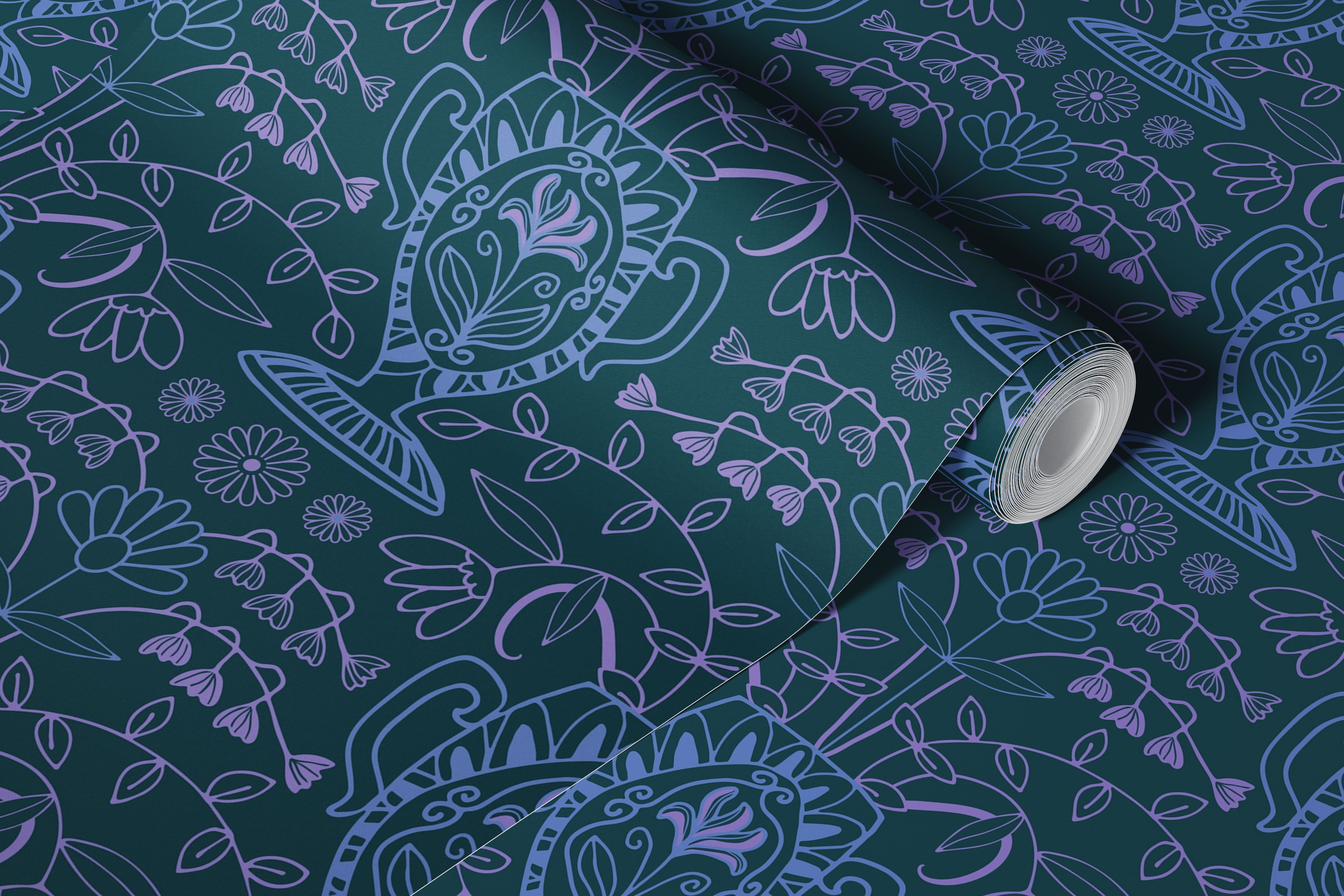 Floral vase patterns in purple and blue on a dark background wallpaper