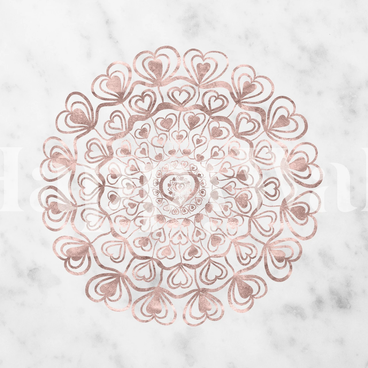 Heart mandala design in rose gold on textured marble wallpaper