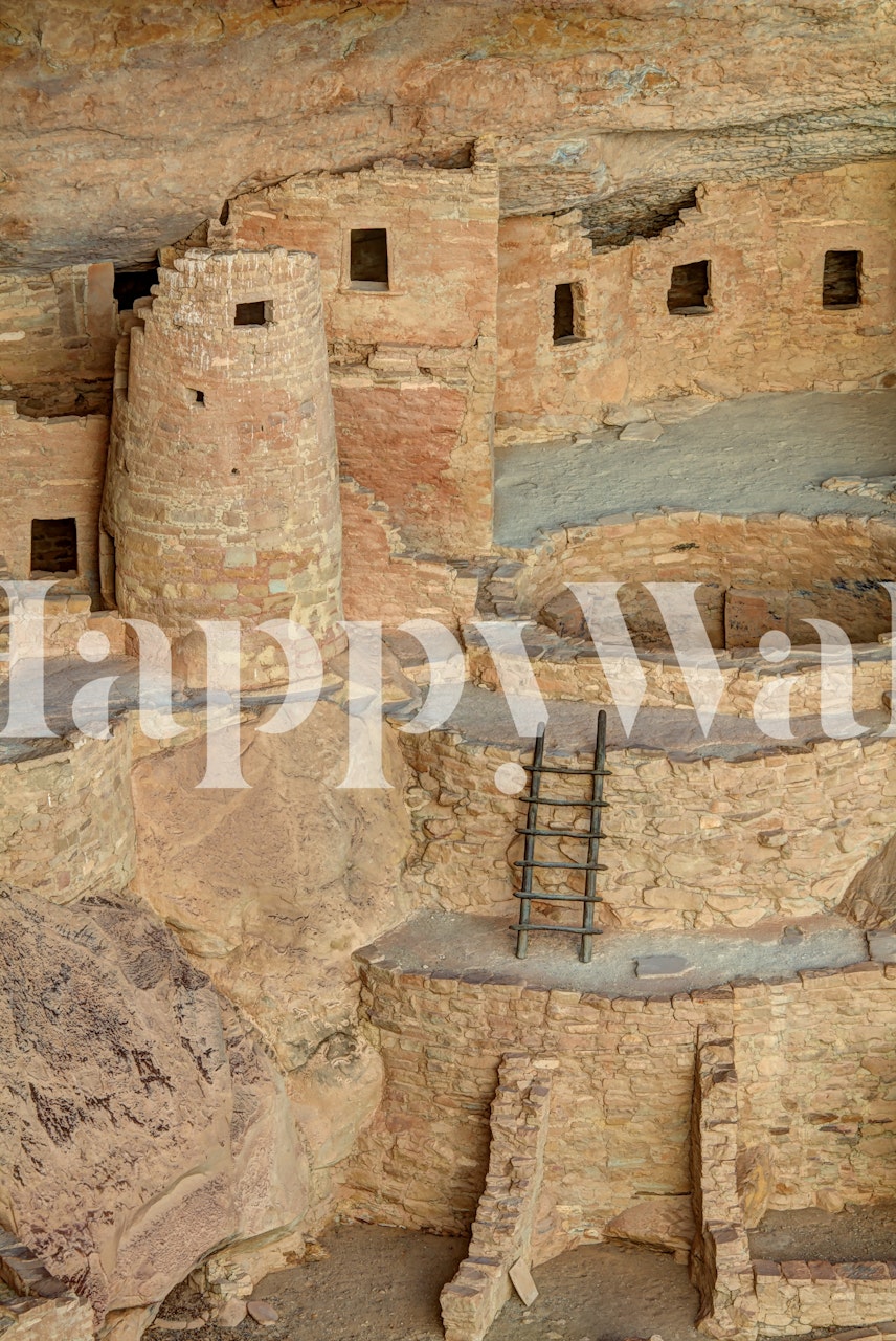 ancient rock dwelling with circular structures and ladders wallpaper