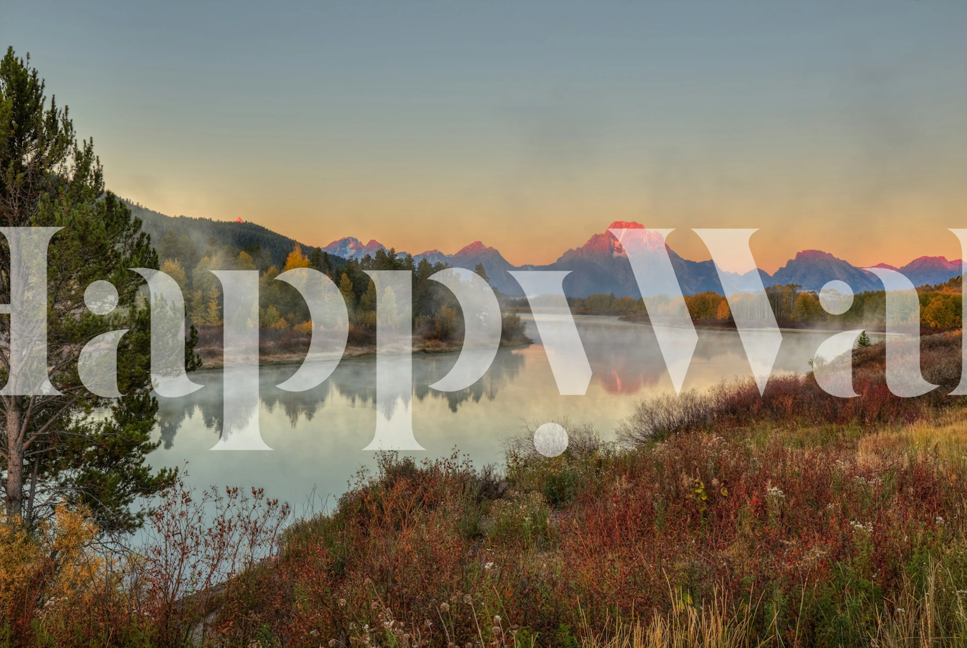 Scenic wall mural of sunrise at Oxbow Bend with mountains and reflective water