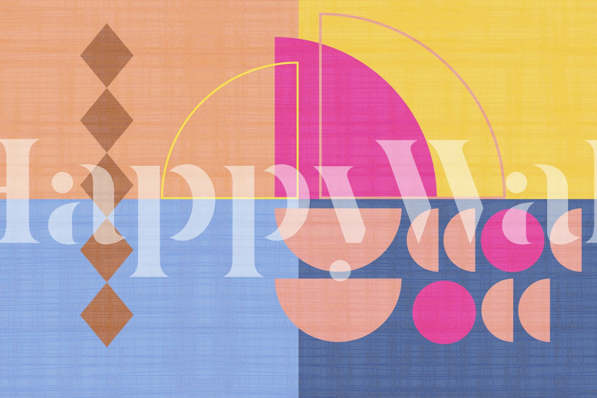 California Retro Geometry -seinämaalaus abstrakteilla geometrisillä muodoilla keltaisena, vaaleanpunaisena ja sinisenä