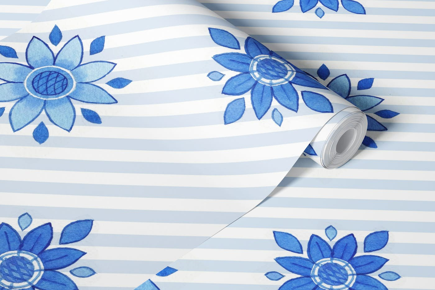 Diagonal stripes with blue florals wallpaper roll