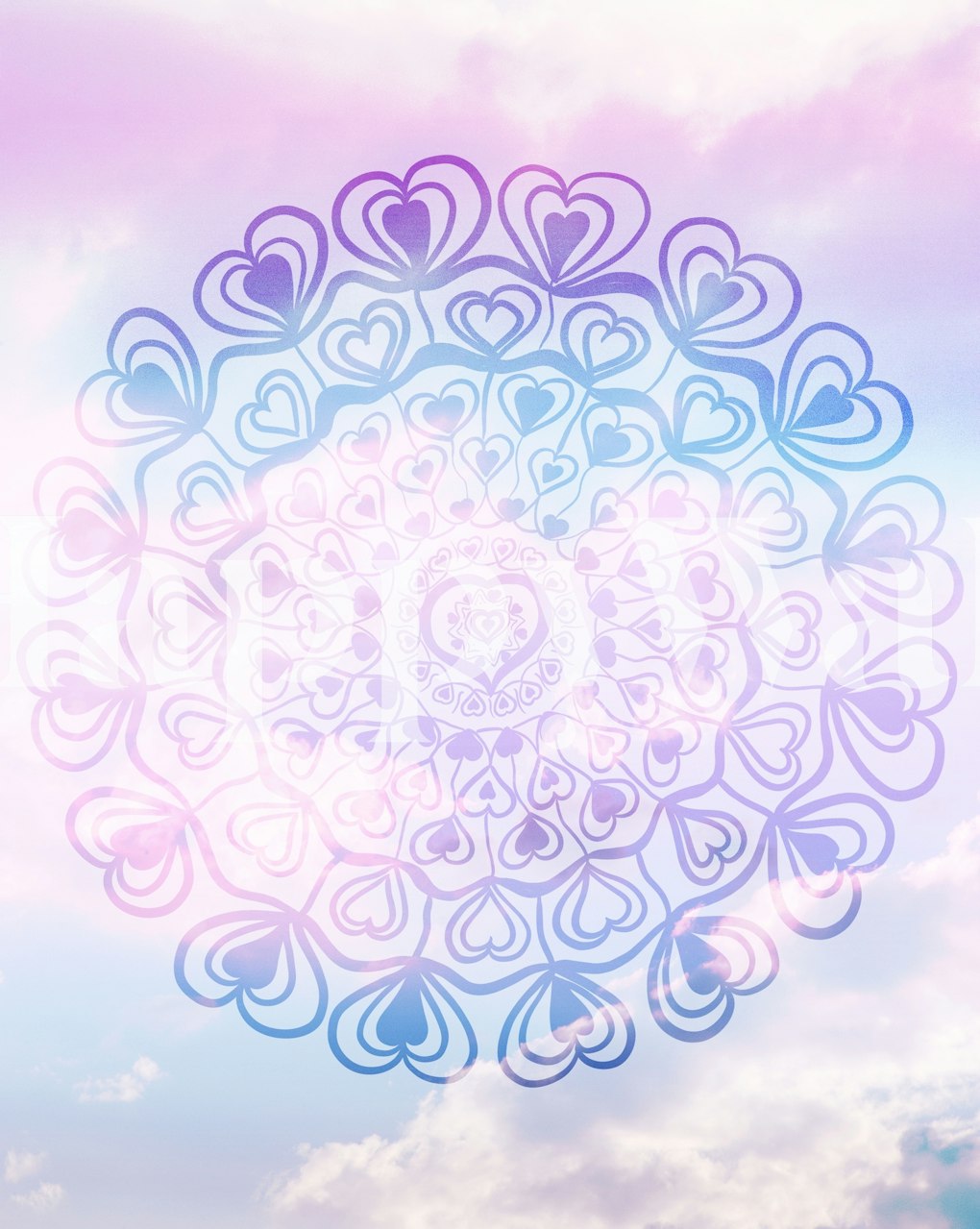 Hartvormige mandala met pastelkleurige wolkenmuurschildering als achtergrond