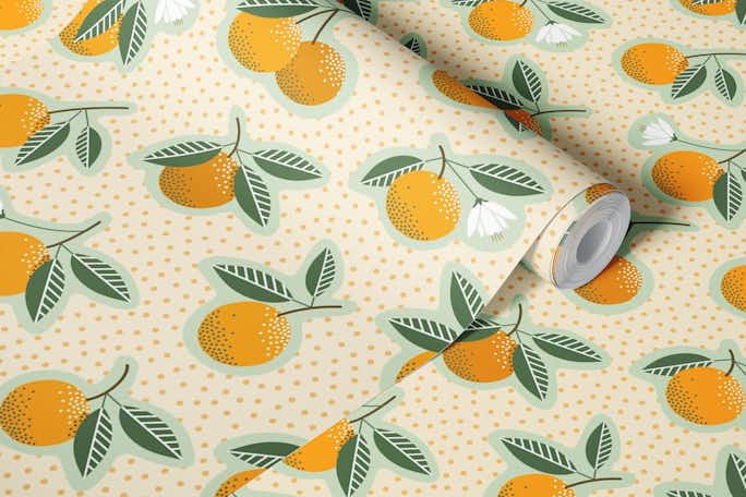 Vintage oranges and dots orange grove creamwallpaper roll