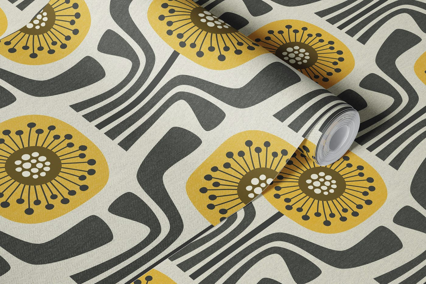 retro geometric flowers v1 - mustard, brown wallpaper roll