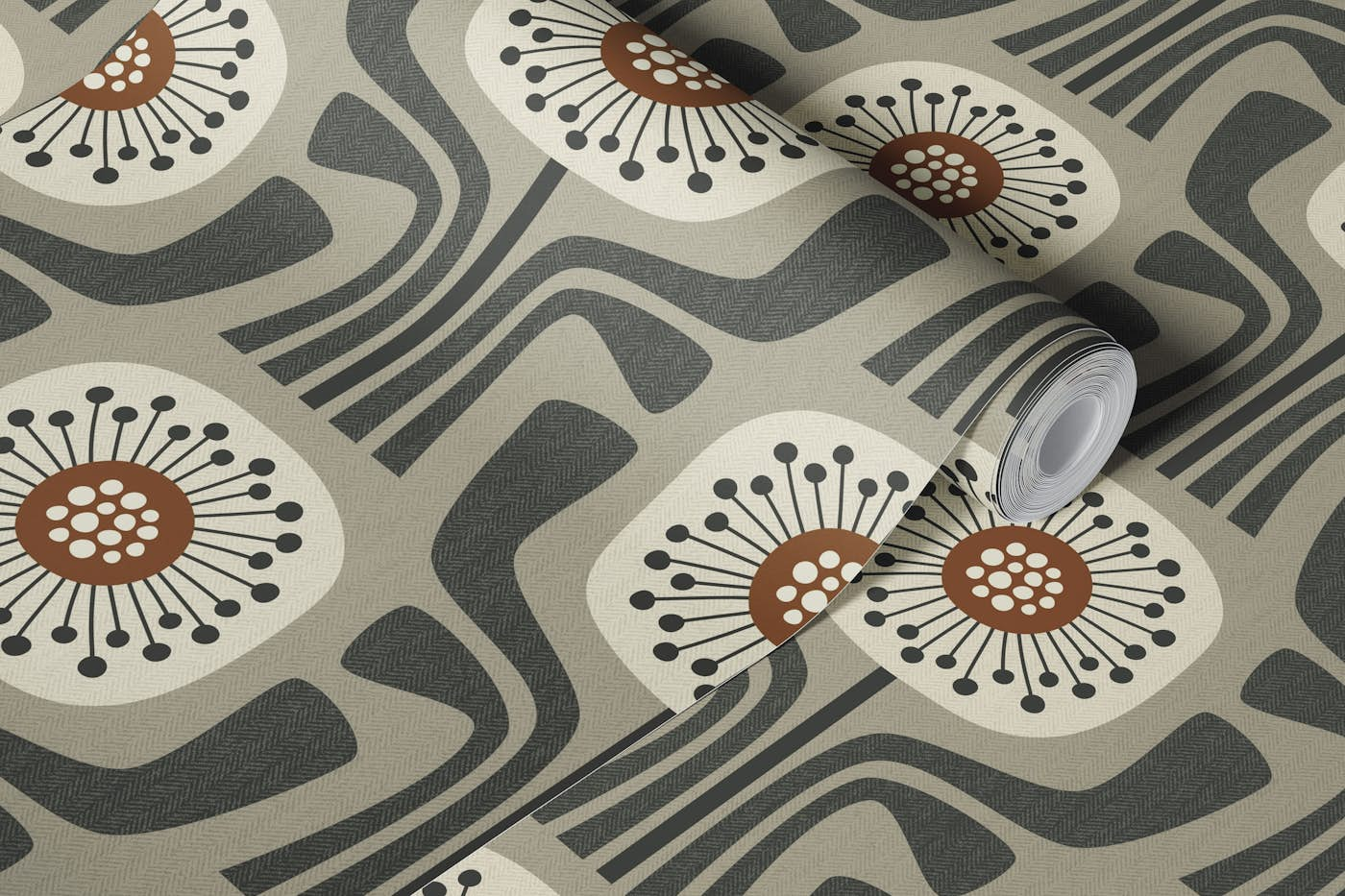 retro geometric flowers v1 - beige, brown wallpaper roll