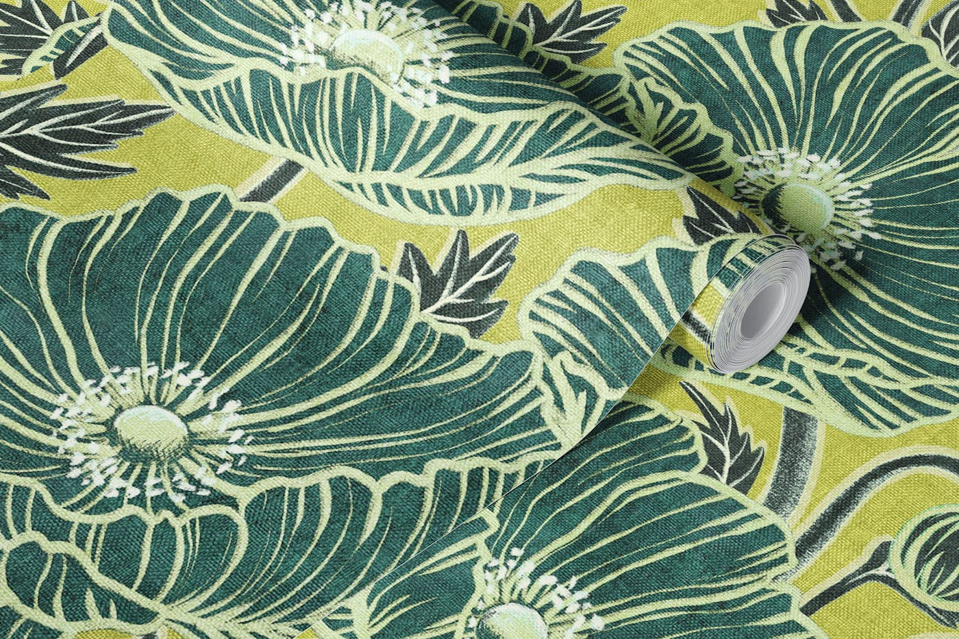 Fresh Wild Poppies in Lime and Green wallpaper roll