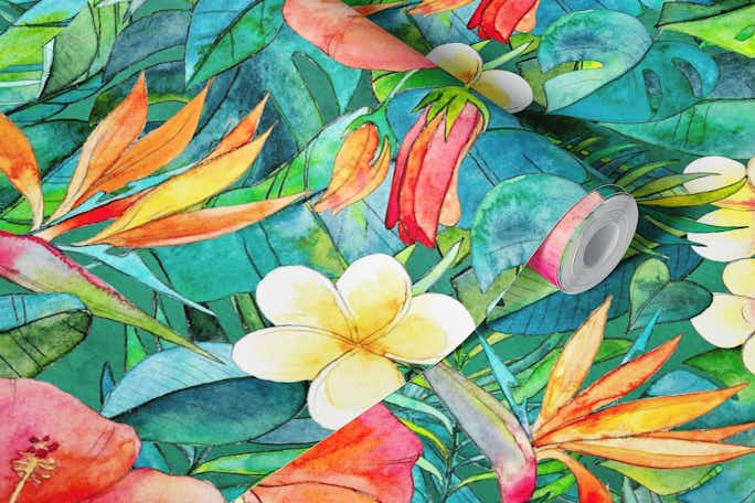 Classic Tropical Garden in Watercolorswallpaper roll