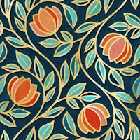 Gilded Floral Tapestry in Coral and Navy Blue tapete