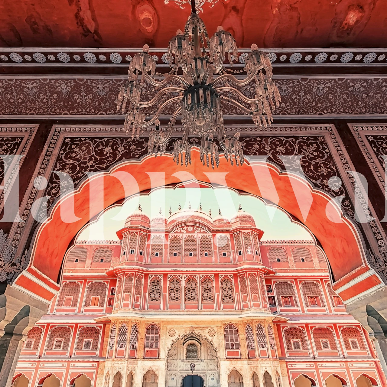 Intricate architecture with warm colors and chandelier wallpaper