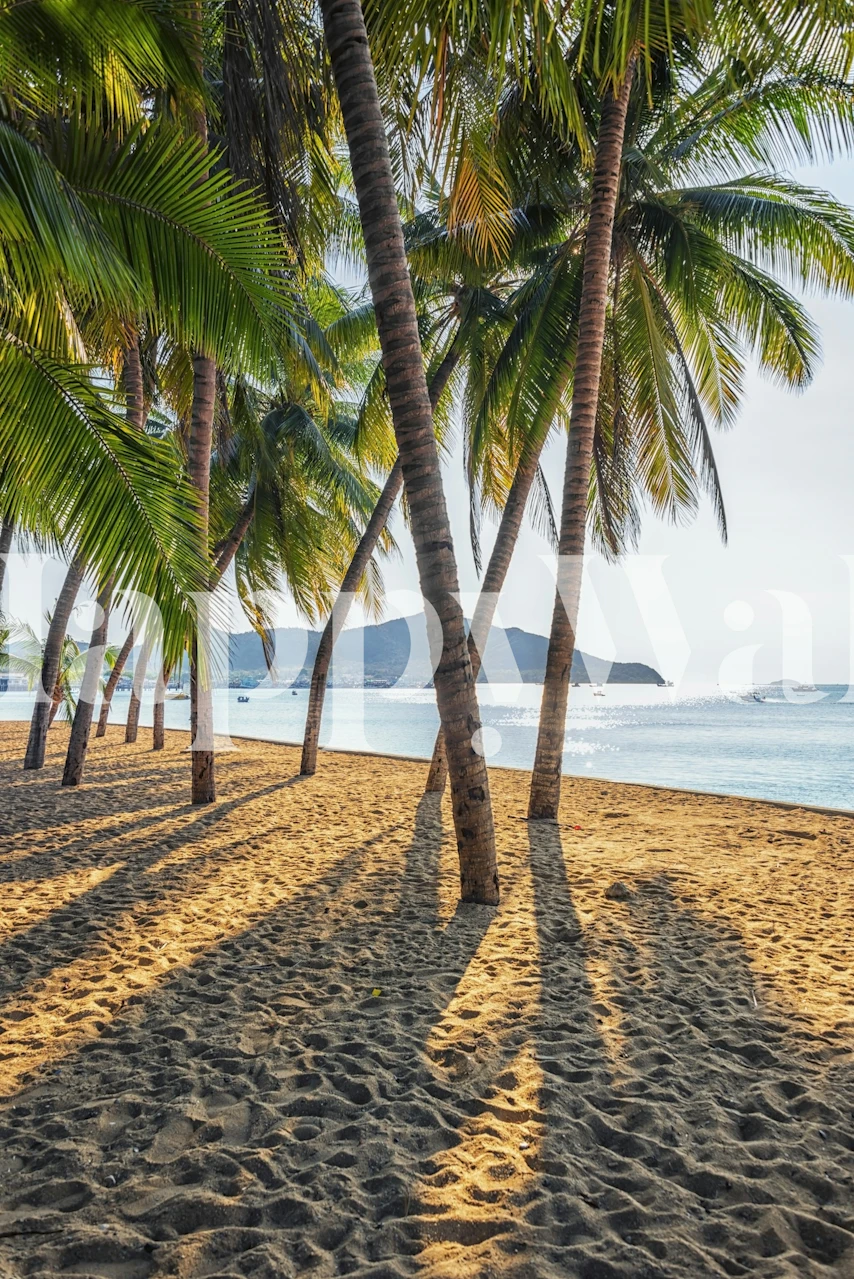 Papier peint mural plage tropicale avec palmiers et vue sur l'océan
