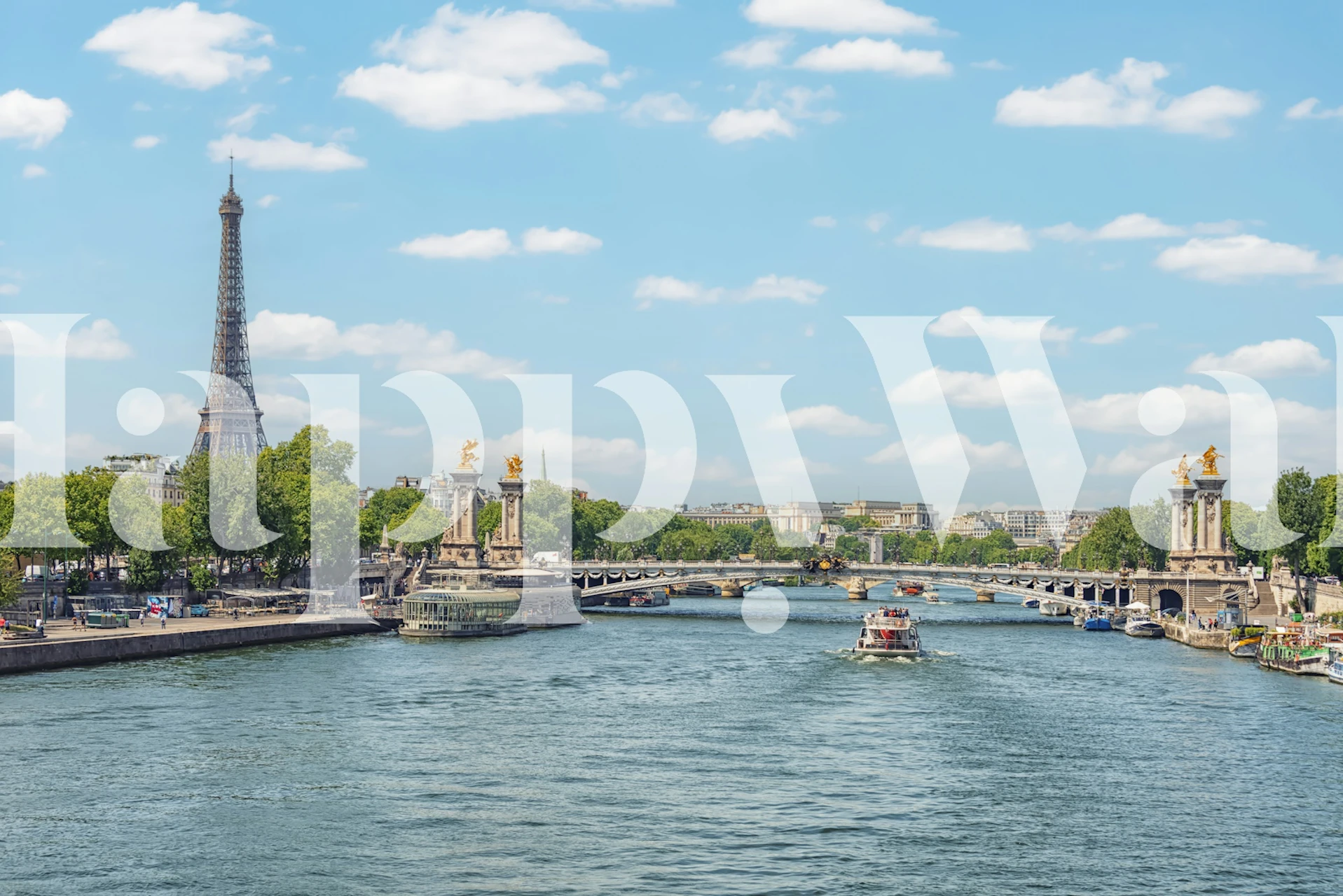 Landscape of the Seine River with the Eiffel Tower, green trees, and blue skies wallpaper