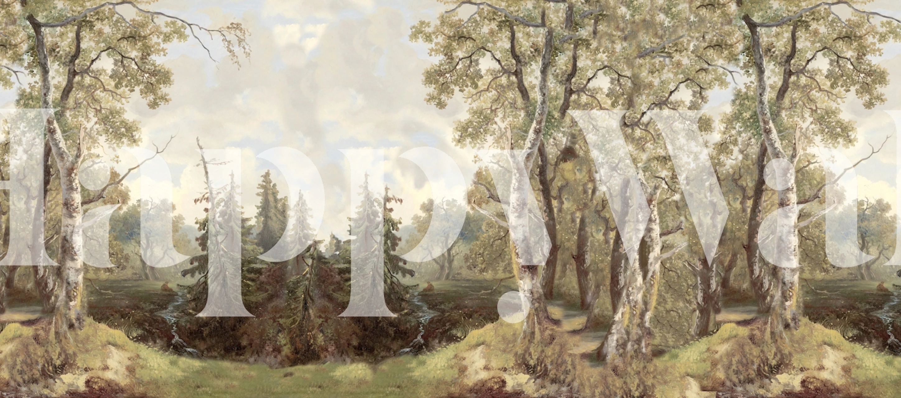 Fotomural vinílico de parede exuberante com cena de floresta com paisagem florestal serena em cores sutis