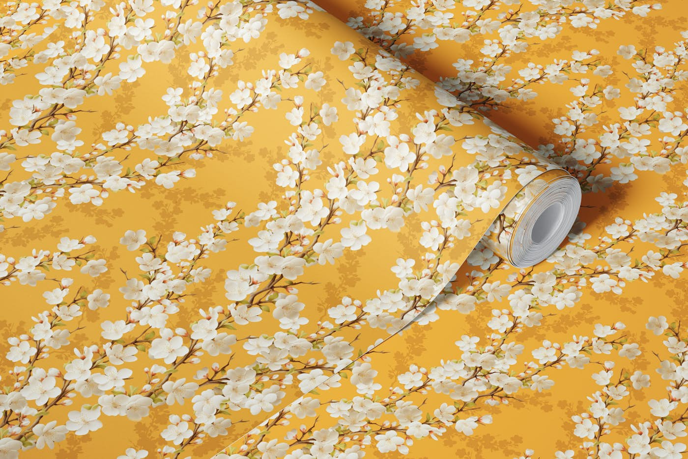 Cherry blossom indian yellow large scale wallpaper roll