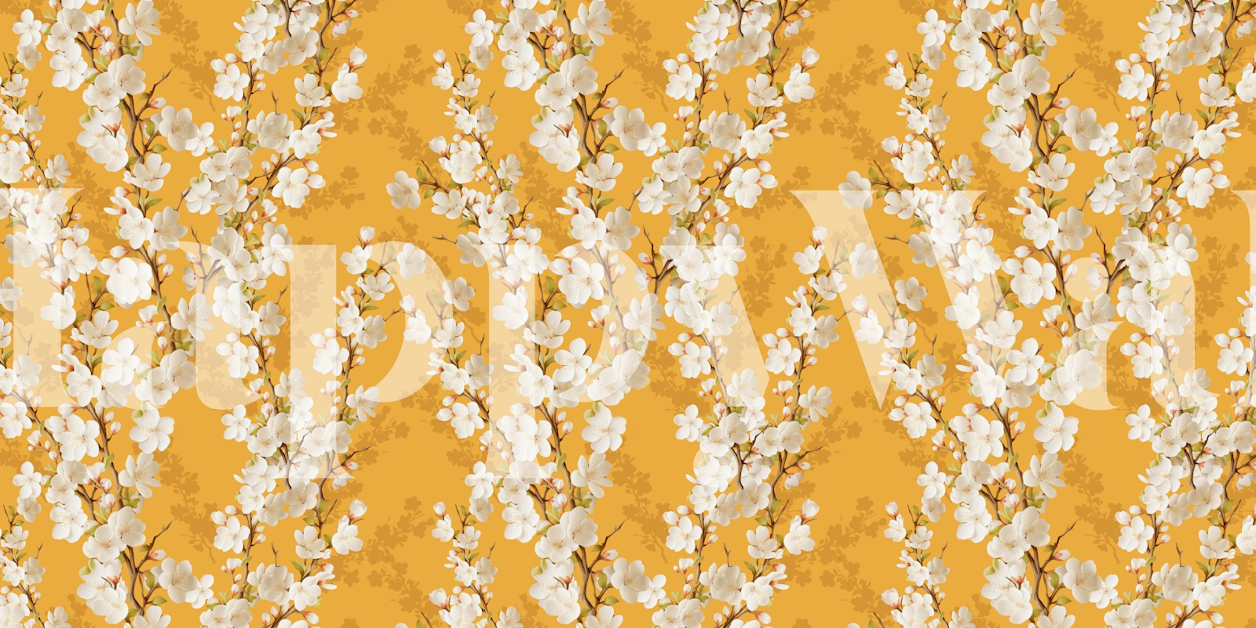 Cherry blossom mural i varme gule toner