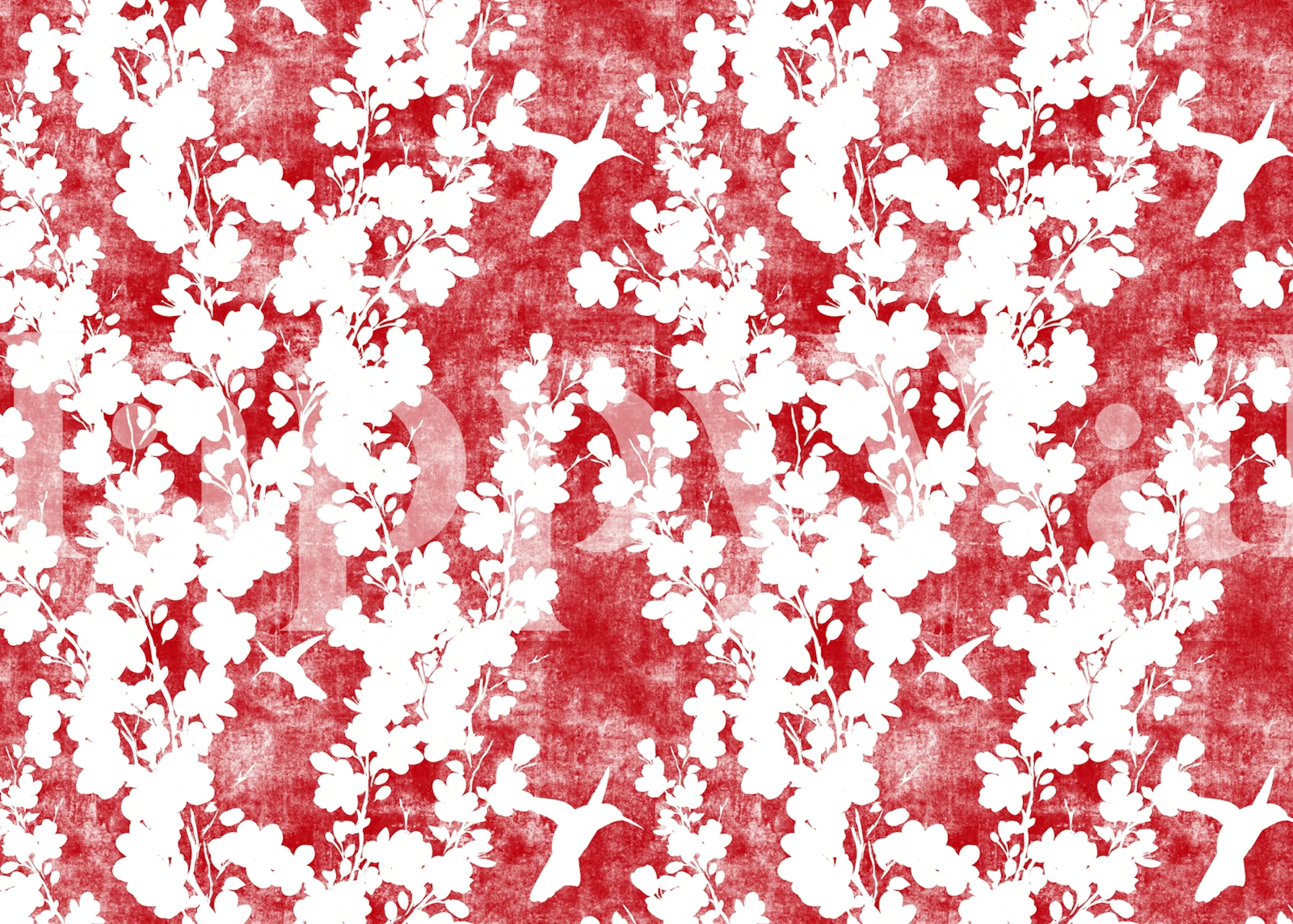 Scarlet red background with white cherry blossom silhouette pattern wall mural