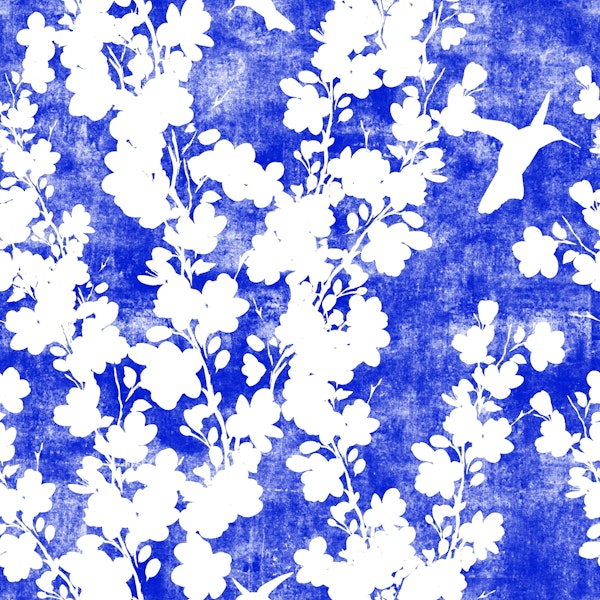 Cherry blossom silhouettes on blue