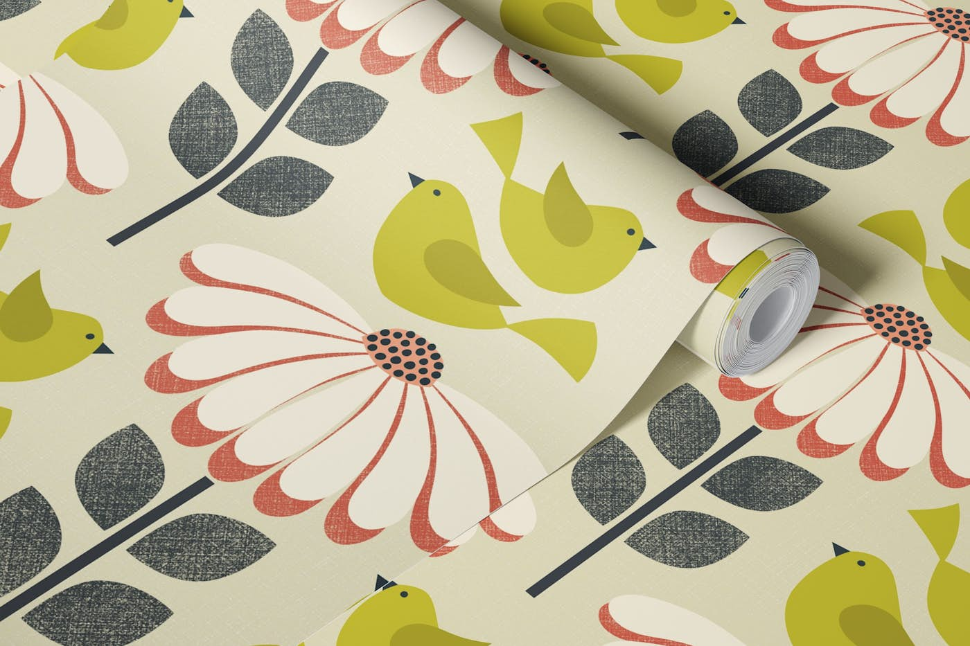 daisies with fluttering birds - green, coral wallpaper roll