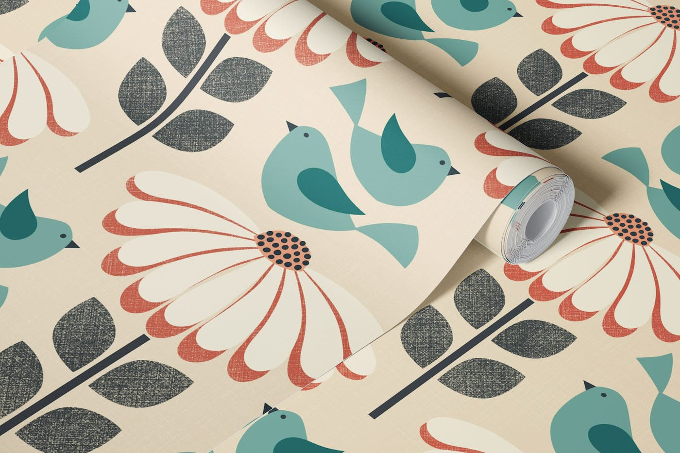 daisies with fluttering birds - blue, coral wallpaper roll