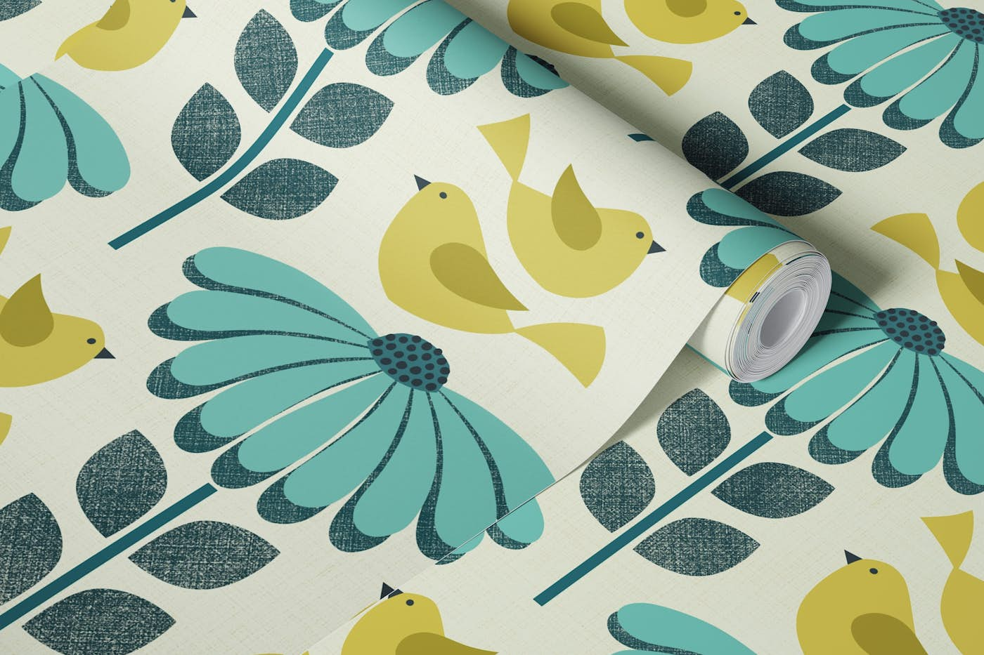 daisies with fluttering birds - green, blue wallpaper roll