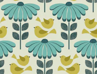 daisies with fluttering birds - green, blue tapet