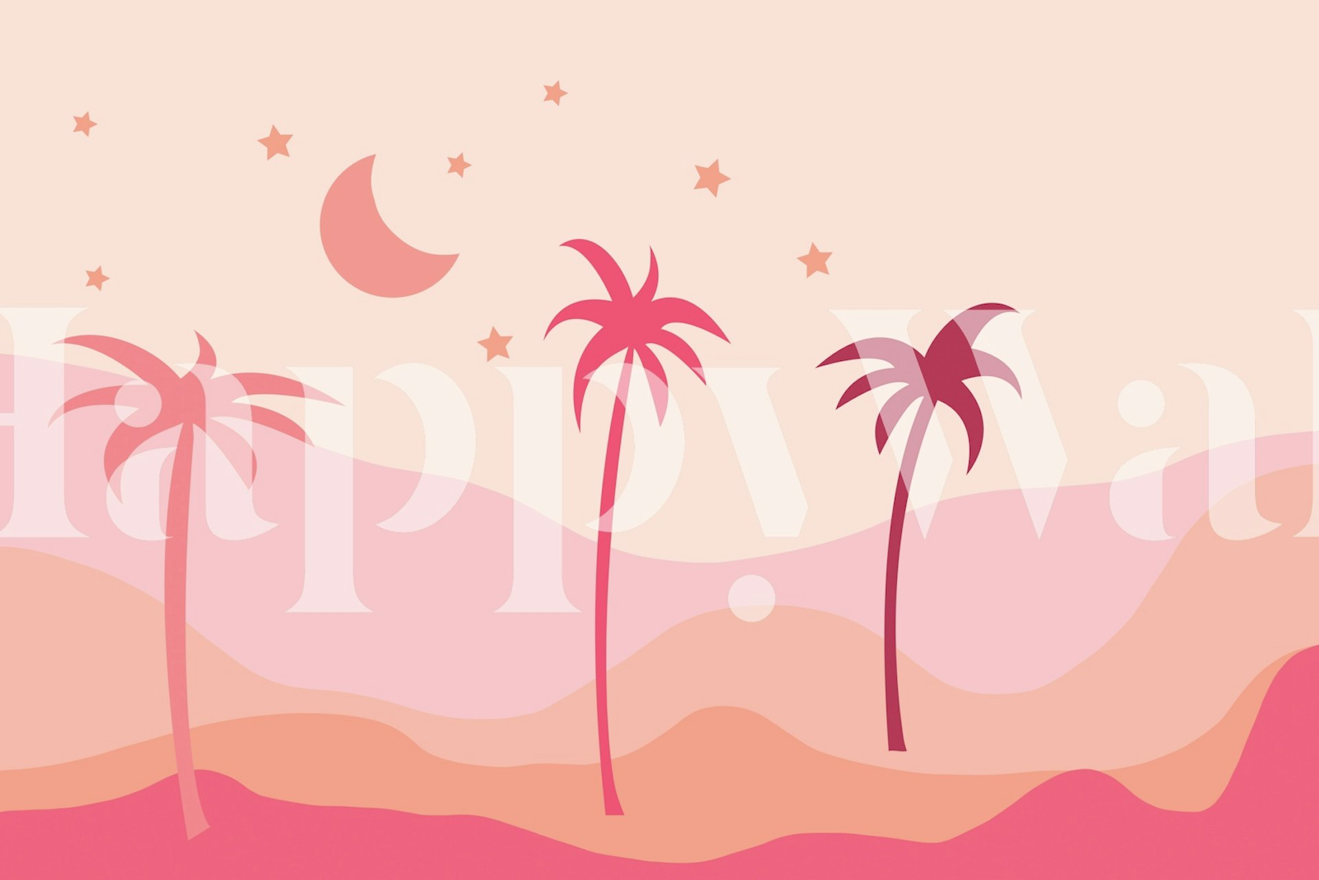 Minimalist pink landscape with palm trees and stars wallpaper