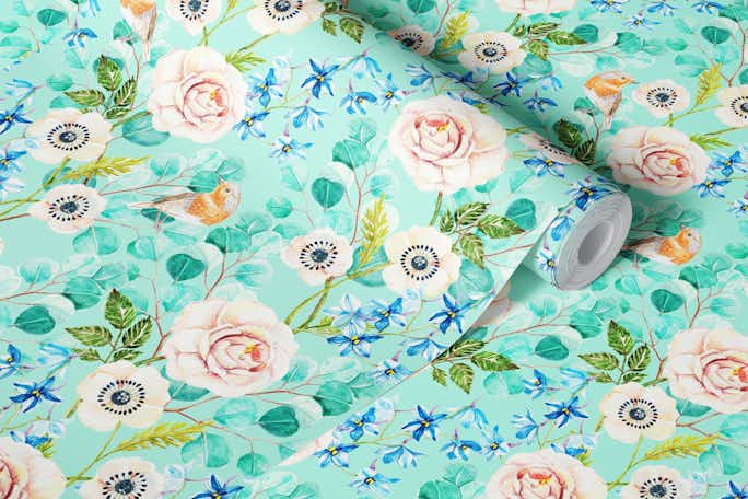 Handpainted flowers and birds on mint greenwallpaper roll