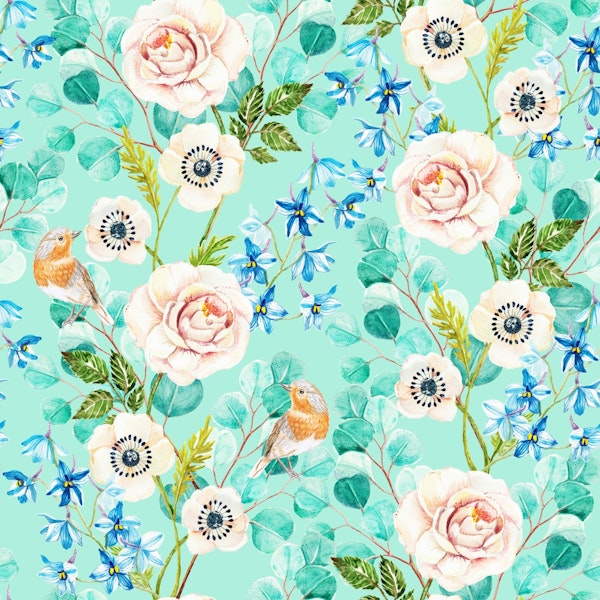 Handpainted flowers and birds on mint green